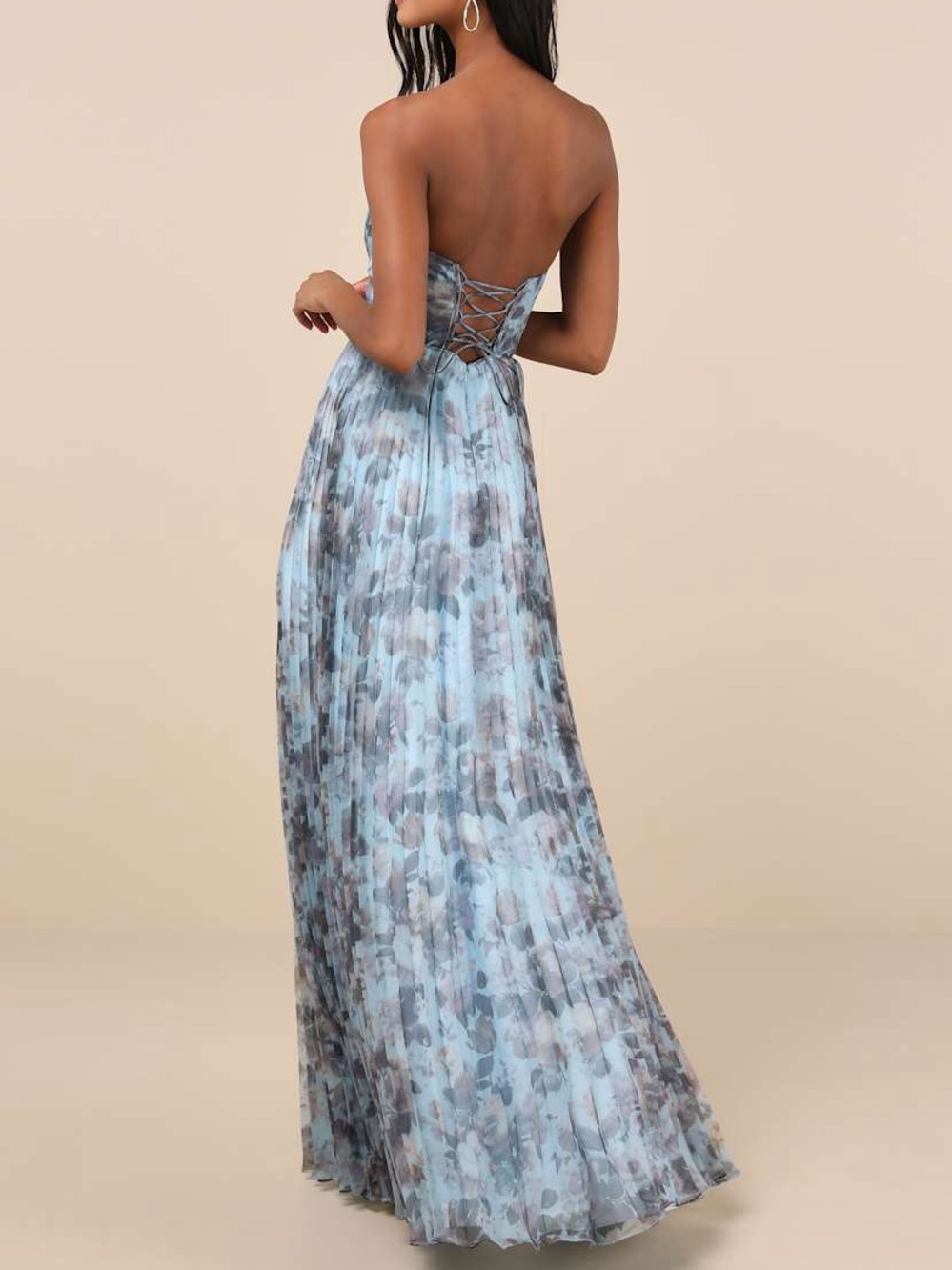 Lulu's Strapless Blue Floral Pleated Organza Gown Most Beautiful Day Maxi Dress - Picture 3 of 11